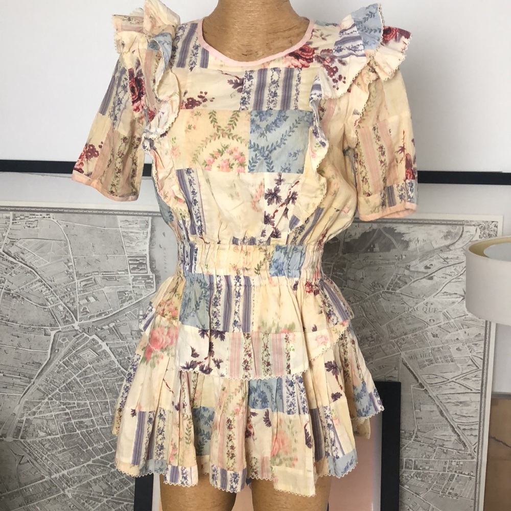 LOVESHACKFANCY Tiered Floral Ruffle Mini Dress in Pastel Patchwork Size XS